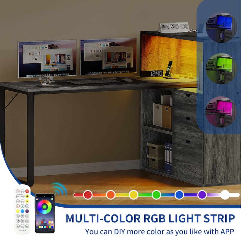Moasis 55" LED L-Shaped Desk with Drawers and Cabinet, Corner Computer Desk with Power Outlets USB Ports