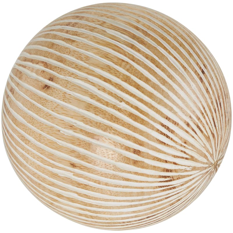 Cream Mango Wood Handmade Decorative Ball Orbs & Vase Filler with Carved Lines or Tribal Patterns (Set of 2)