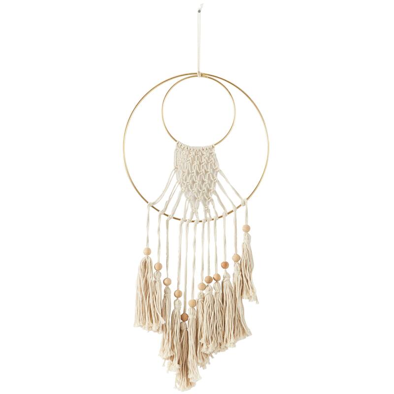 Cotton Fabric Macrame Handmade Home Wall Decor with Wood Beads and Gold Circular Frame - Cream - Roche River Decor