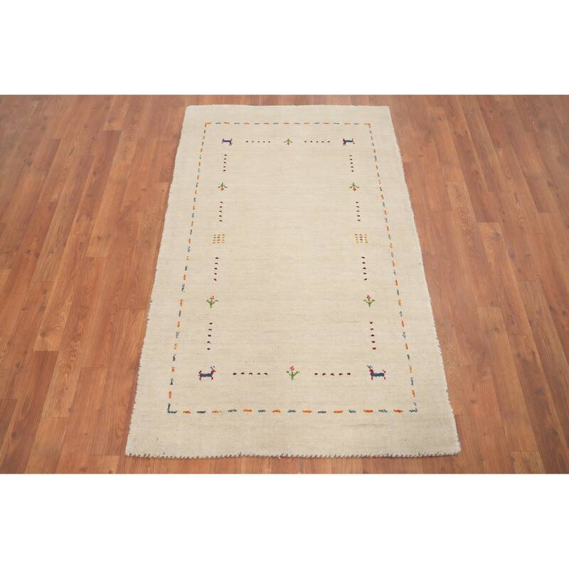 Hand Knotted Oriental 100% Wool Carpet Tribal Animal Pictorial Beige & Ivories Gabbeh Area Rug - 4' 9'' X 3' 0''