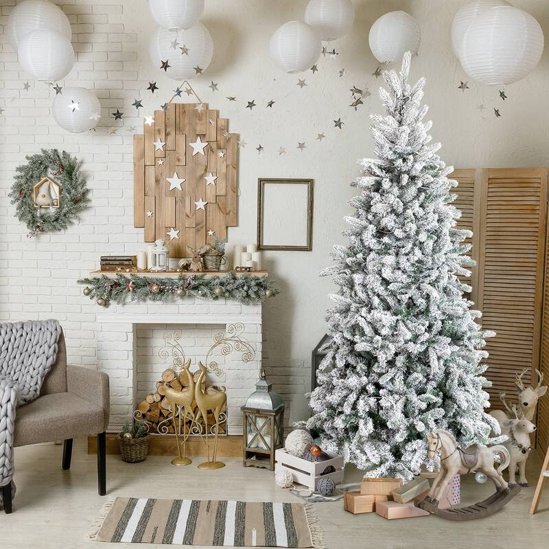 7 FT Snow Flocked Pre-lit Artificial Pencil Christmas Tree, Hinged Xmas Pine Tree for Holiday Party Office Home, Snowy Green - Green - 7 Foot