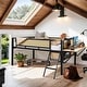 preview thumbnail 1 of 31, Stylish & Simple Single Full metal loft bed with rectangular desk, LED lights, storage shelves, safety guard and ladder, Brown Natural