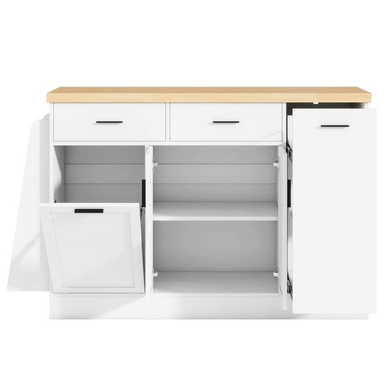 Kitchen Island, Multi-Functional Kitchen Sideboard - Storage Cabinet with Trash Can Holder, Sliding Door & 3-Tier Spice Rack