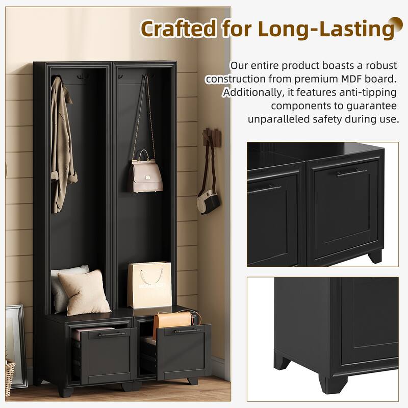 Elegant Free Standing Hall Tree Set of 2, Multifunctional 3-IN-1 Entryway Coat Rack with Black Retro Handles