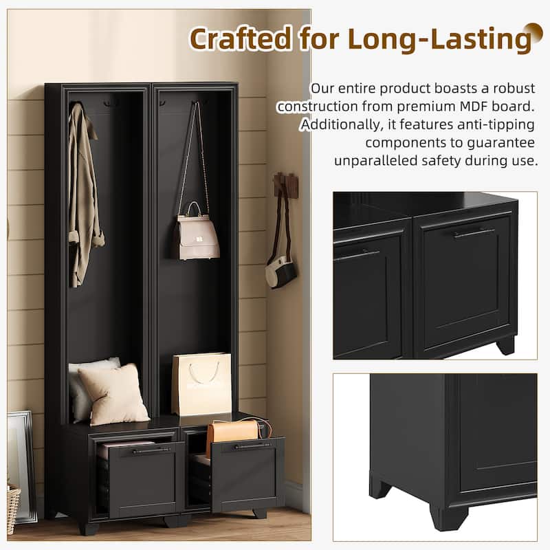 Set of 2 Free-Standing Hall Trees, 3-in-1 Entryway Coat Rack with Bench & Storage Drawers, Black Retro Handles