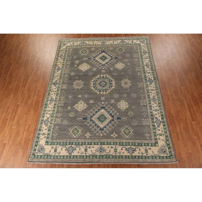 Gray Geometric Kazak Oriental Rug Living Room Handmade Wool Carpet - 9'10"x 13'1"