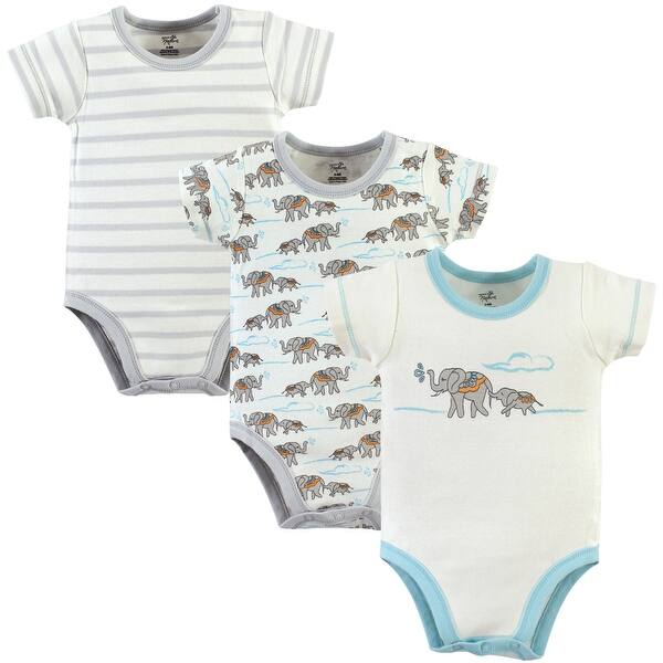 slide 1 of 1, Touched by Nature Organic Cotton Bodysuits 3pk, Mint Elephant 0-3 Months - Mint Elephant 3-Pack