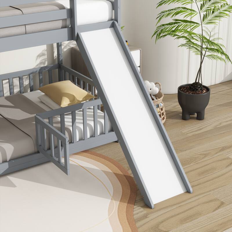 Twin Over Twin Low Pine Wood Bunk Bed with Guardrails, Slide and Ladder for Kids, No Slats Toddler Floor Bed with Fence and Door