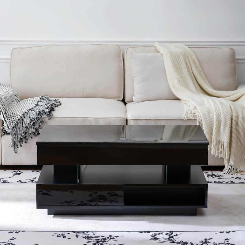 39.3" Lift Top Coffee Table with Hidden Compartment, 2 Storage Drawers and Adjustable LED Lights