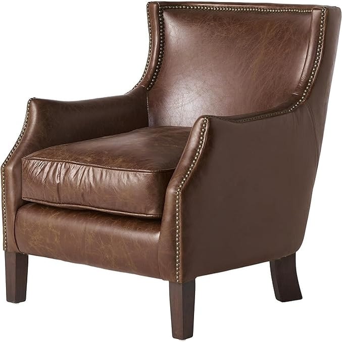 Brown Modern 29.25" Genuine Leather Upholstered Accent Chair with Rubber Wood Legs and Nailheads for Living Room