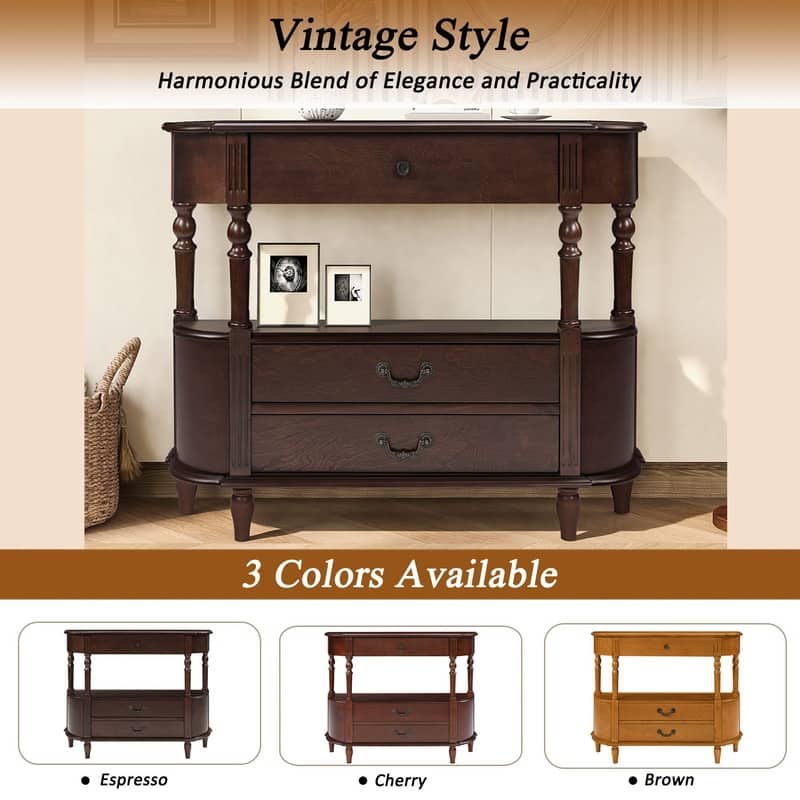 Retro 43" Curved Wood Console Table with 3 Drawers and Open Shelf, Sofa Table Behind Couch for Living Room and Hallway Storage