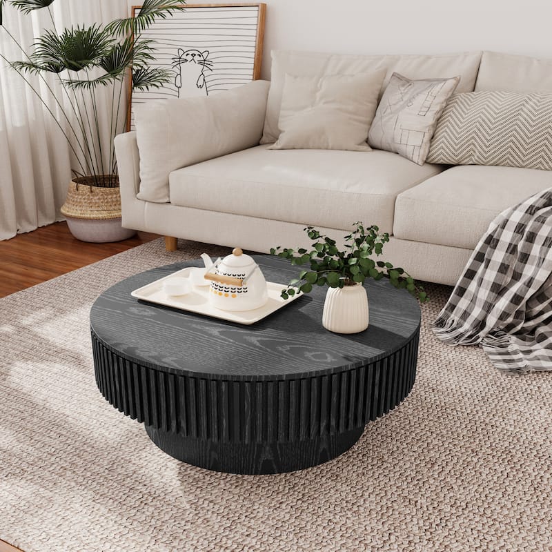 Modern Solid Wood Veneered Round/Oval Coffee Tea Table with Storage