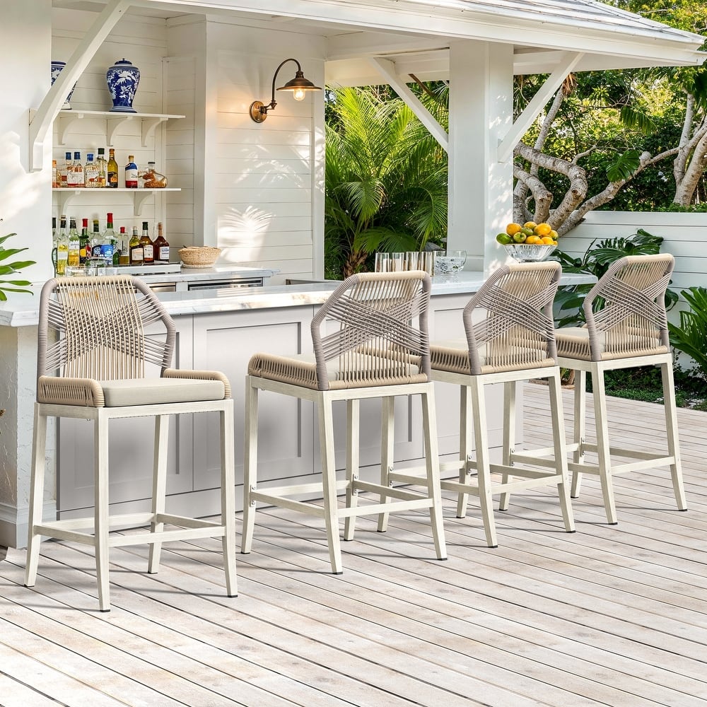 4 Set Modern Aluminum Twill Wicker Woven Outdoor Bar Stool Chair Set, Counter Height Stool with Back and Cushion - 40.6"H