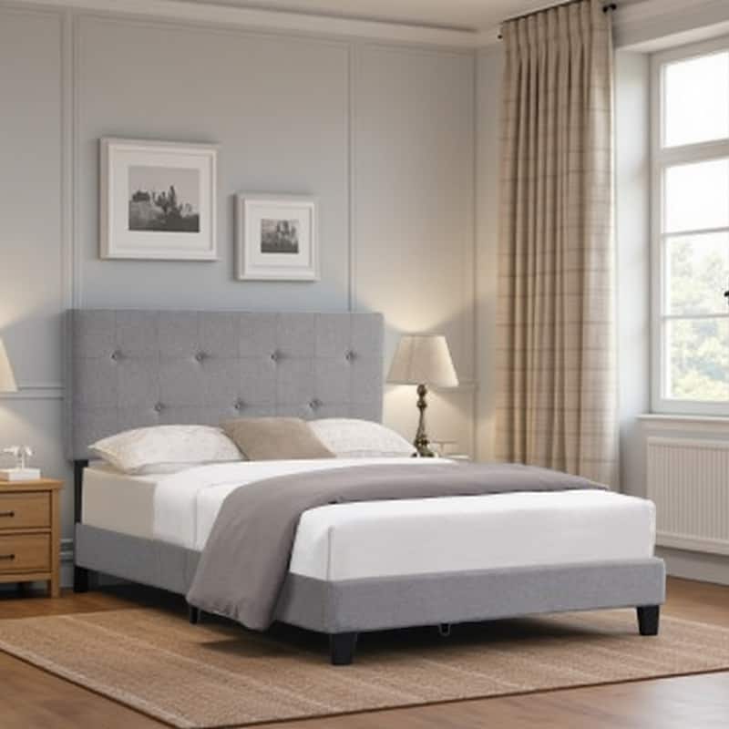 Full Size Upholstered Platform Bed Frame with Tufted Pull Point Headboard, Wood Slat Support, Mattress Foundation - Gray