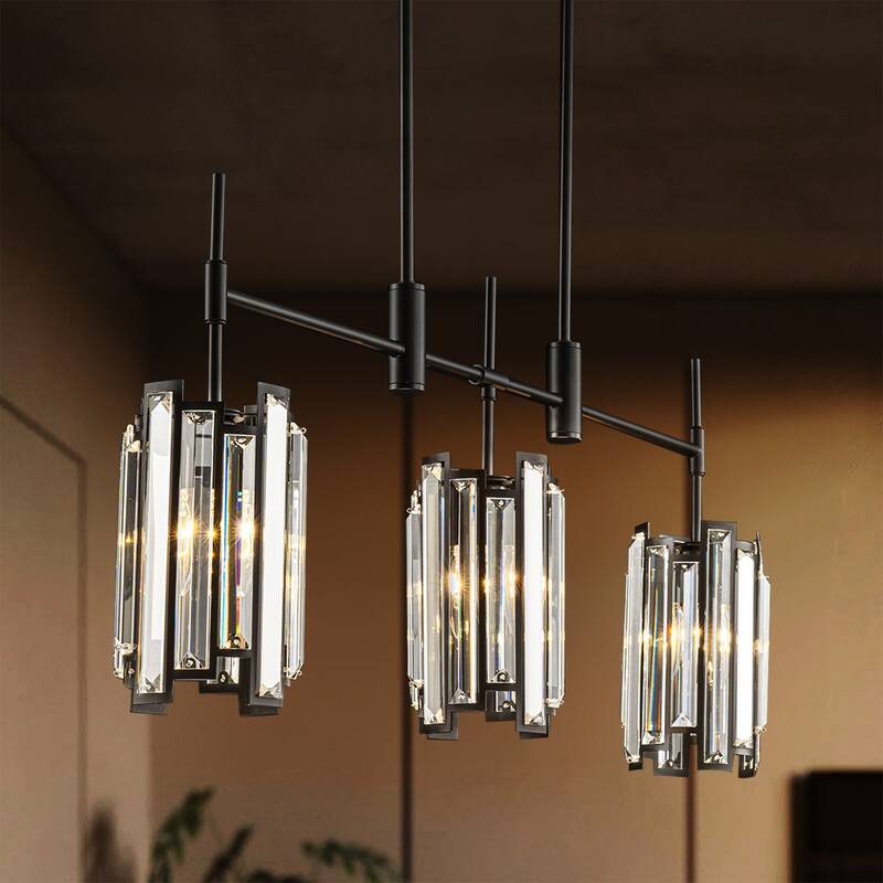 3-Light Modern Glam Linear Crystal Pendant Light Kitchen Island Lightings - Black