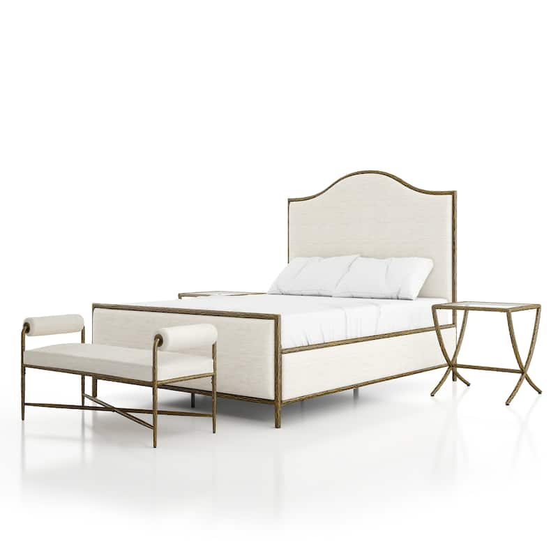 247 Shop At Home Lalia Modern 4-Piece Upholstered Hammered Metal Camelback Bedroom Set with 2 Nightstands - Matte Gold - Queen