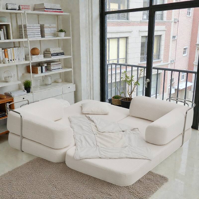 Convertible Floor Sofa Bed, 5-in-1 Modular Compressed Couch with Blanket Pillow, Corduroy Foam Sleeper