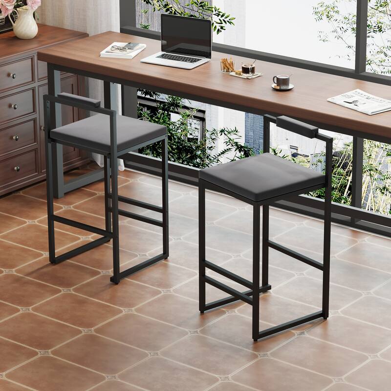 Set of 2 Velvet Upholstered Bar Stools with Footrest & Backrest, Modern Dining Chairs for Kitchen Island - Black & Gray