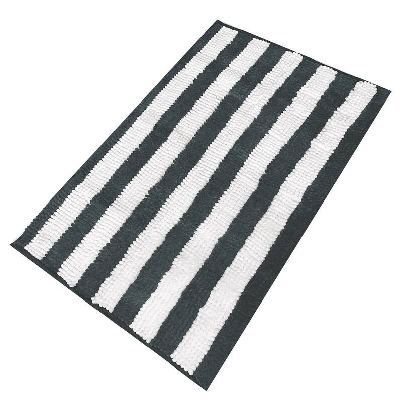 Large 2 Piece Set Charcoal Grey White Stripe Soft Cozy Plush Chenille Bath Mat Bathroom Rug