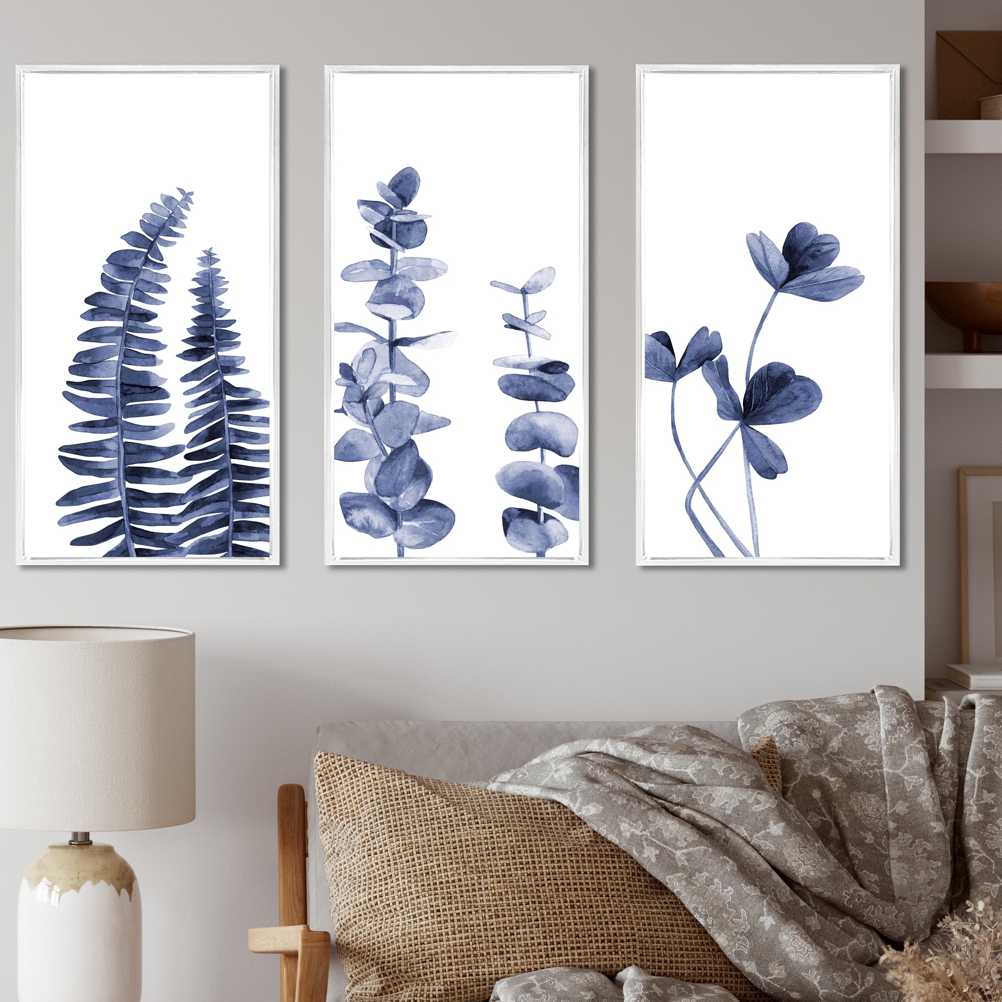 Designart "Navy Blue Eucalyptus I" Traditional Framed Art Prints Set of 3 - 4 Colors of Frames