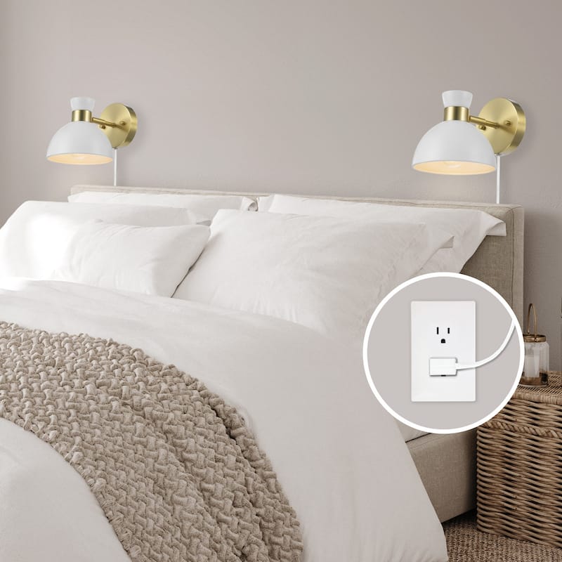1-Light Matte Brass Plug-In or Hardwire Wall Sconce with Matte White Pivoting Metal Shade - 8.75"