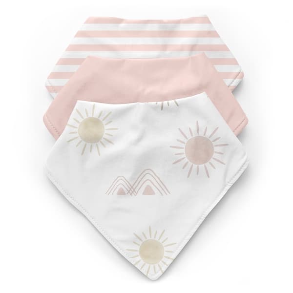 slide 2 of 6, Boho Desert Sun Fabric Bandana Baby Bibs 3 Pack Set Blush Pink Mauve Taupe Bohemian Watercolor Mountains Minimalist Geometric