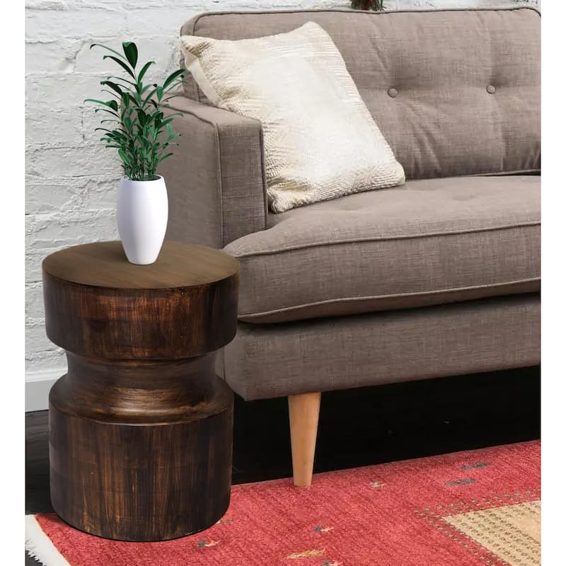 Handmade Mango Wood Drum Side Table - 16" - Brown