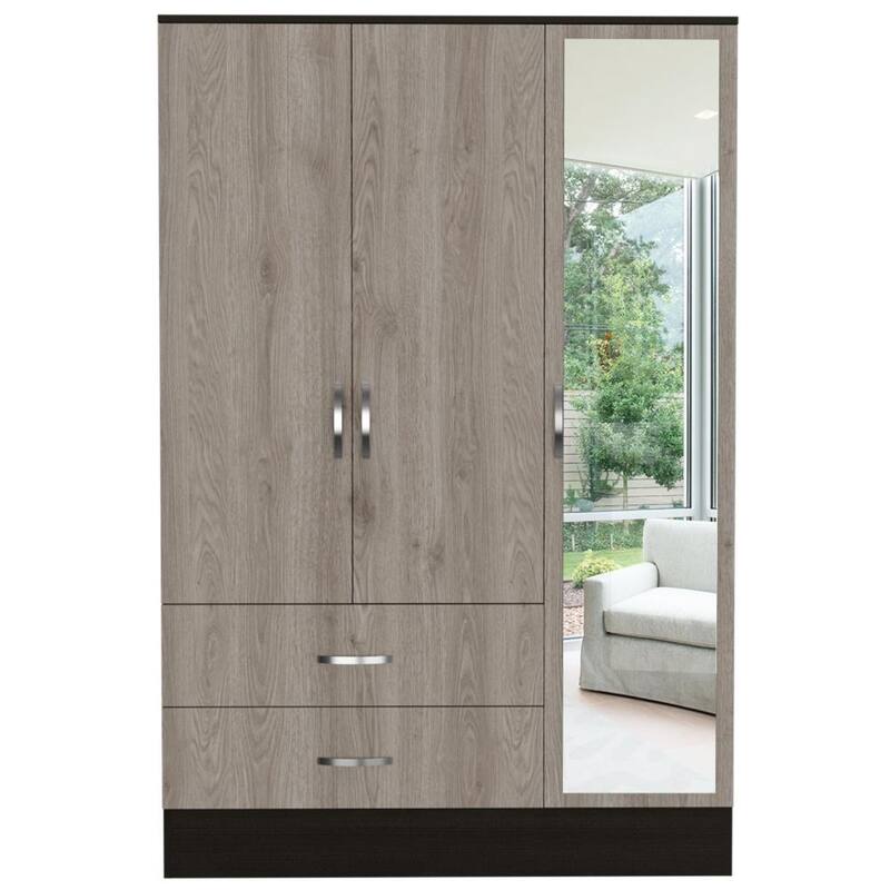 47.2" Modern Mirrored Armoire with Hanging Rod, Five Interior Shelves and Two Drawers