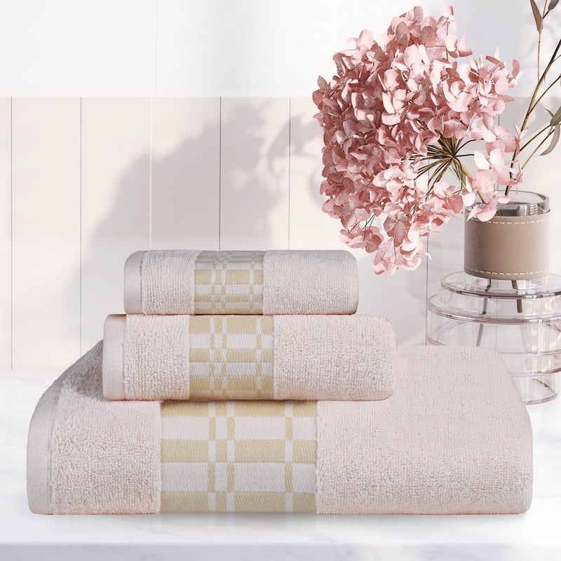 Superior Larissa Cotton Embroidered Geometric Border 3-Piece Towel Set - Ivory