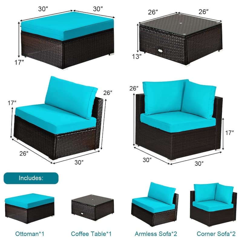 6 Pieces Outdoor Patio Rattan Furniture Set Sofa Ottoman with Coffee Table - 30'' x 30'' x 26''(L x W x H)