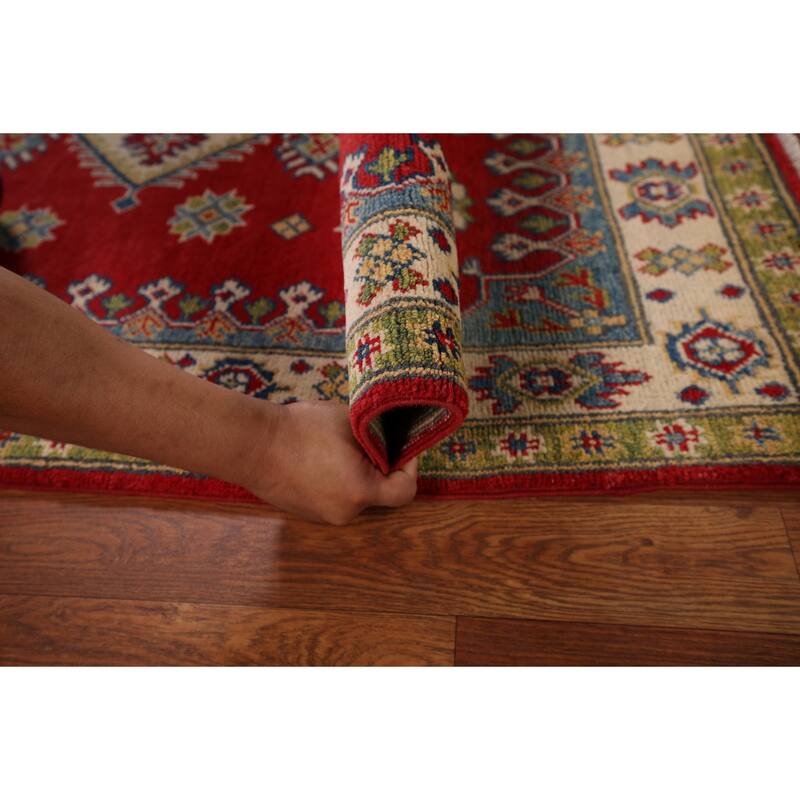 Red Geometric Kazak Accent Rug Hand-Knotted Wool Carpet - 3'5" x 4'10"