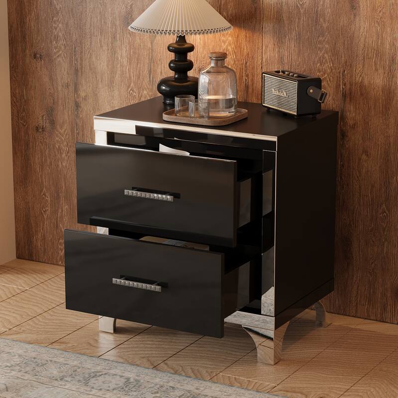 Black High Gloss Nightstand with Mirrored Surface and Two Drawers