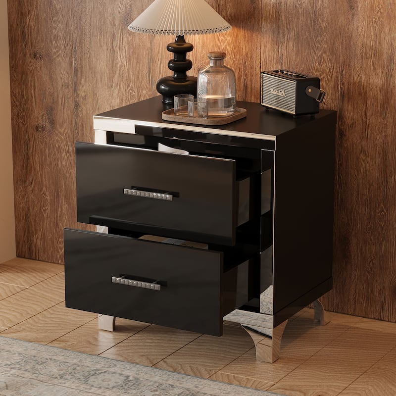 Mirrored Nightstand with 2 Drawers, Bedside Table with Metal Handle, Sofa Side Table with Mirrored Edge and Legs