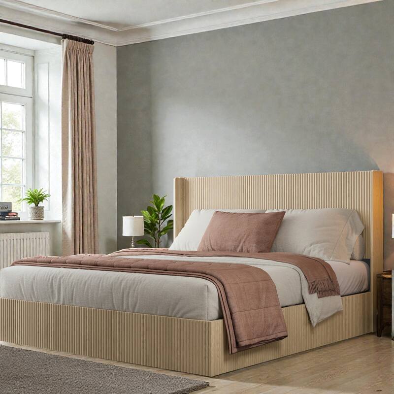 Wood Lift Storage Platform Bed with Raised Headboard, Gas Lift Design, No Box Spring Needed, Queen King