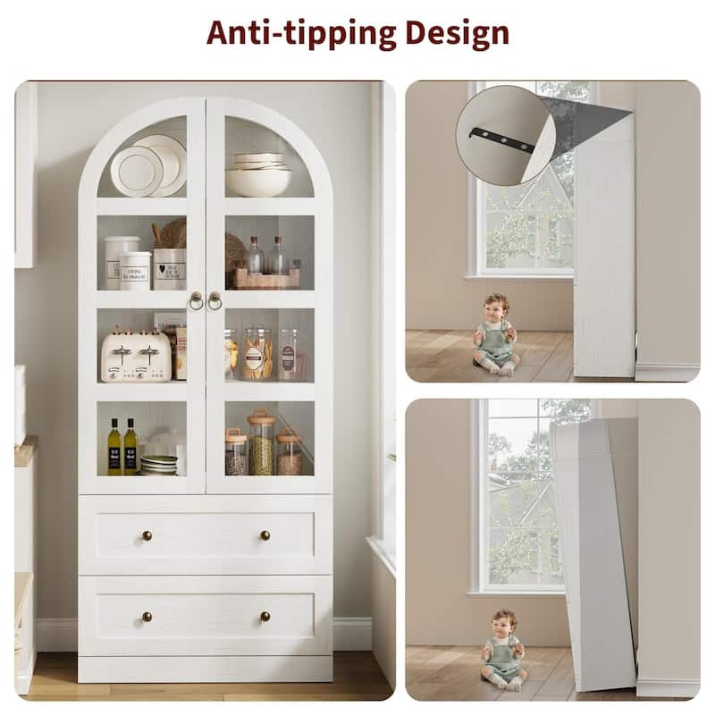 Kitchen Pantry Cabinet, 72" Tall Arched Kitchen Pantry Storage Cabinet, Wood Versatile Rustic Cupboard with Drawers
