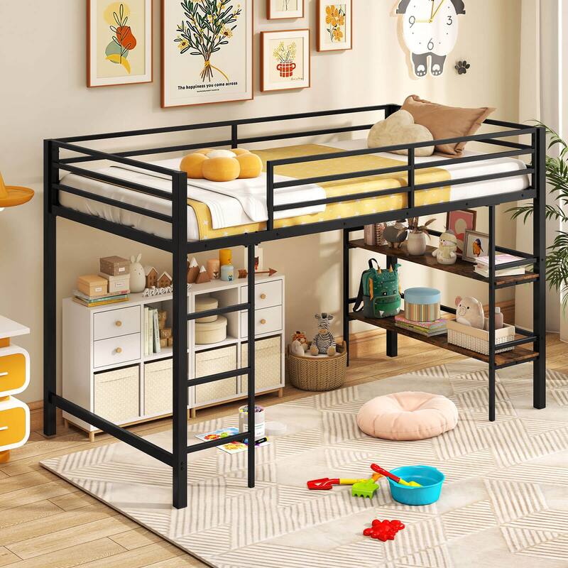 Costway Twin Size Low Loft Bed with Storage Shelves Ladder Full-length