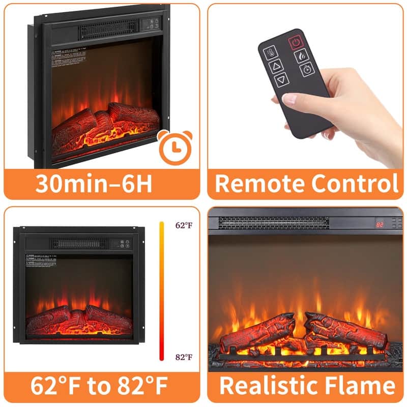 18/23 Inch Electric Fireplace Insert 3D Infrared Heater with Realistic Logs Flames Glass View IR Remote Control 1400W 120V,Black