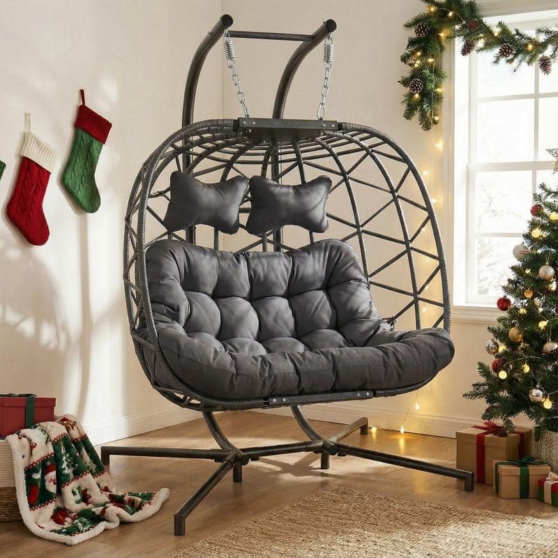 Oversized Outdoor Double Swing Egg Chair, 700 lbs Capacity 2-Person Hanging Egg Chair Swing with Cushion - Dark Grey