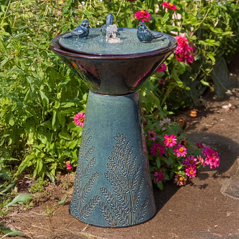 Sunnydaze Gathering Birds Ceramic Outdoor Fountain with LED Lights - 28.25-Inch