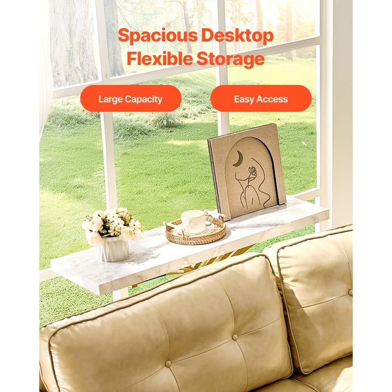 Faux Marble White MDF Metal Console Table, 1-Tier with Adjustable Feet - 39.4” L x 11.8” W x 31.9” H