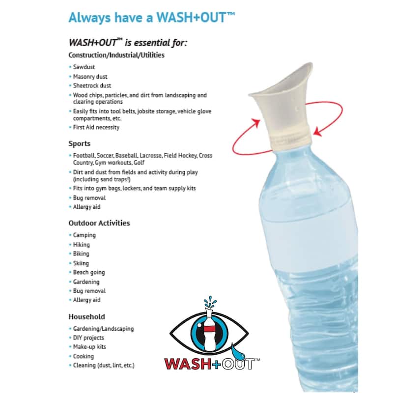Wash+Out Portable Emergency Eyewash Cup, Screws onto Water Bottles (White 3PK - Clear 10PK)