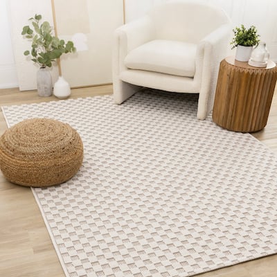 Small Checkered Textured Looped Rug in Cream
