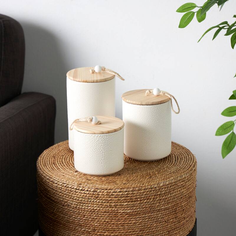 Cream or Blue Ceramic Canisters with Brown Wood Lids and Beaded Accents (Set of 3) - Cream