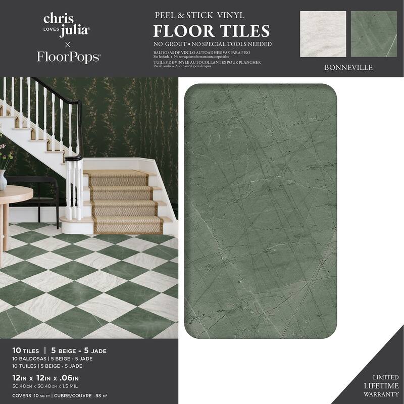 Chris Loves Julia x FloorPops Bonneville Jade Peel and Stick Floor Tiles