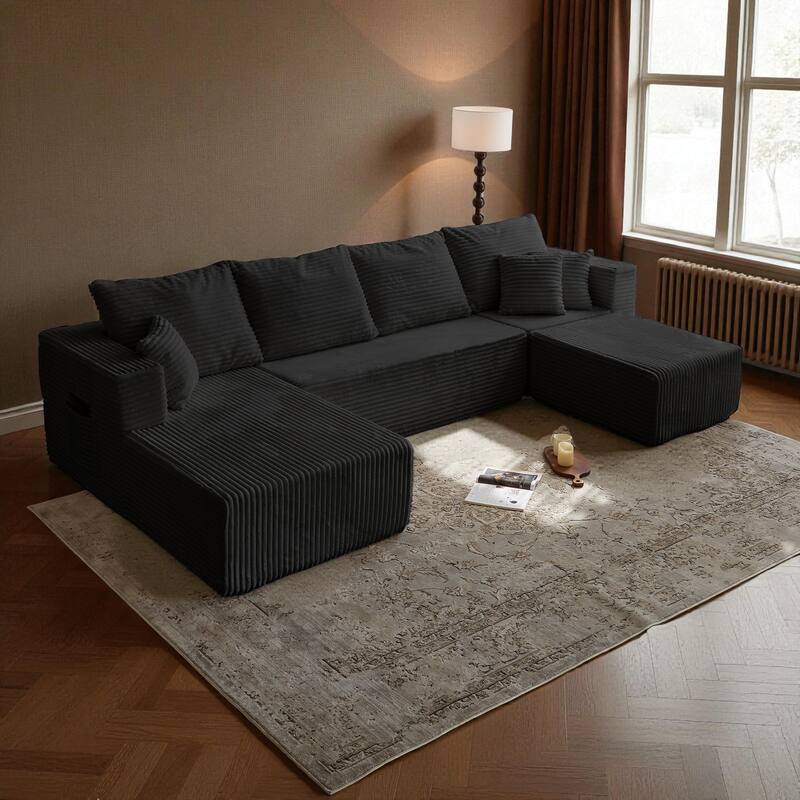 133.86" Cloud Modular U-Shaped Sectional Sofa with Ottoman, Deep-Seat Corded Fabric Couch for Living Room, No Assembly