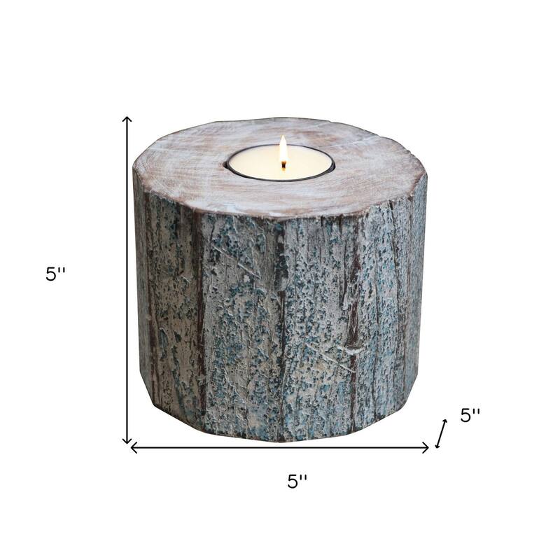 HomeRoots 5" Brown And White Solid Wood Tabletop Tealight Candle Holder - 5" W x 5" H