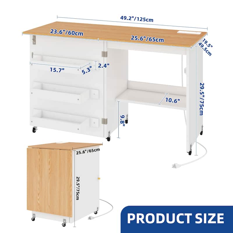 Moasis Folding Sewing Craft Table Computer Desk with Charger Charging Station & Storage Shelves Cabinet
