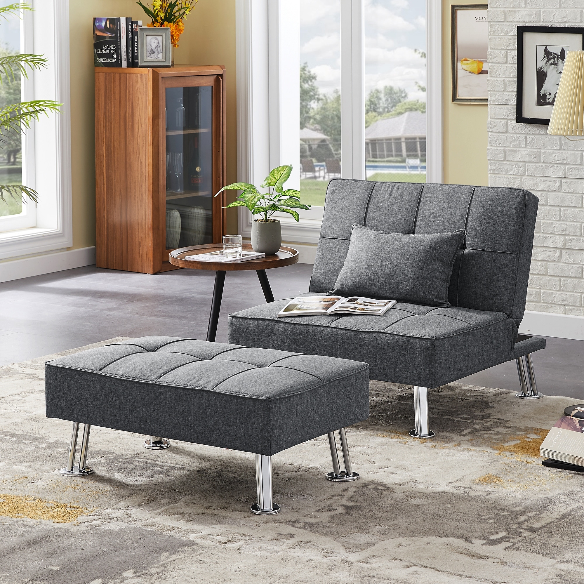 Modern Fabric Single Sofa Bed with Ottoman Convertible Folding