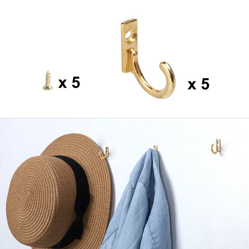 5pcs Robe Hooks Zinc Alloy Hook Key Bathroom DIY Hanger w Screws - Gold Tone - 1.06" x 0.24" x 0.79"(L*W*H)