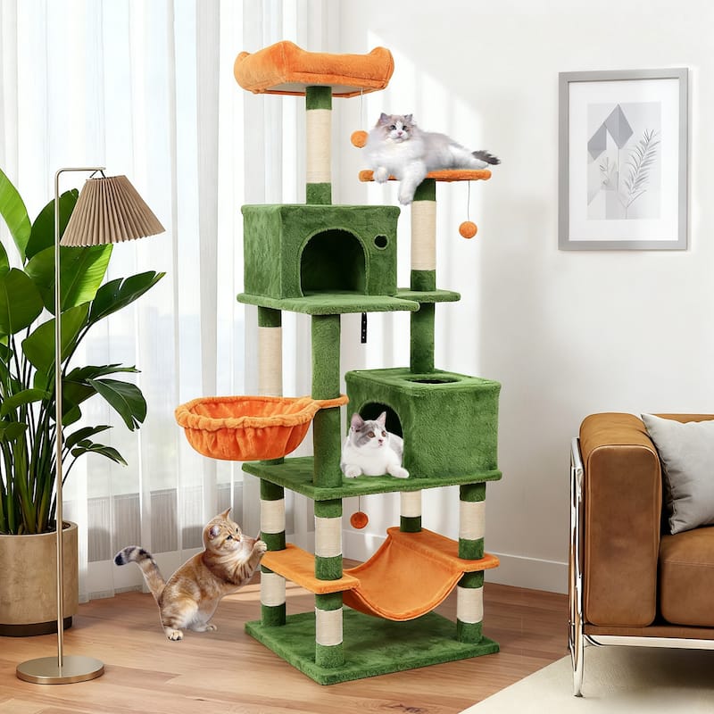 Gymax 66'' Tall Cat Tree w/2 Condos Sisal Scratching Posts Plush Perch